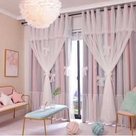 Nordic Simple Hollow Star Princess Wind Bedroom Blackout Curtains (Option: Pink grey-2.5x2.7m hook)