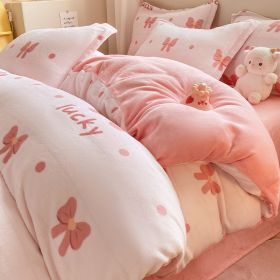 Winter Thickening Milk Fiber Bed Four-piece Coral Velvet Quilt Cover Flange Double-sided Bed Sheet Three-piece Bedding (Option: Lucky Bow-90)