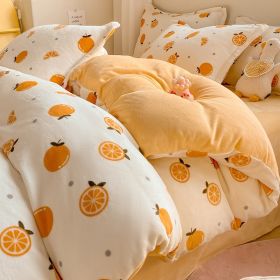 Winter Thickening Milk Fiber Bed Four-piece Coral Velvet Quilt Cover Flange Double-sided Bed Sheet Three-piece Bedding (Option: Small Orange-90)