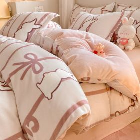 Winter Thickening Milk Fiber Bed Four-piece Coral Velvet Quilt Cover Flange Double-sided Bed Sheet Three-piece Bedding (Option: Striped Bunny-90)