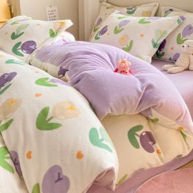 Winter Thickening Milk Fiber Bed Four-piece Coral Velvet Quilt Cover Flange Double-sided Bed Sheet Three-piece Bedding (Option: Purple Tulip-90)