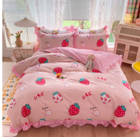 Cotton 100 Princess Wind Quilt Cover Cartoon Student Dormitory Bed (Option: Strawberry milk-1.8m bed sheet set of four)