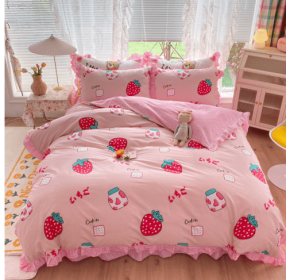 Cotton 100 Princess Wind Quilt Cover Cartoon Student Dormitory Bed (Option: Strawberry milk-1.8m bed sheet set of four)