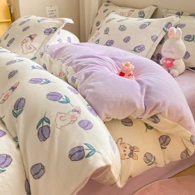 Winter Thickening Milk Fiber Bed Four-piece Coral Velvet Quilt Cover Flange Double-sided Bed Sheet Three-piece Bedding (Option: Purple Bunny-90)