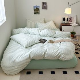 Cotton Yarn-dyed Washed Cotton Four-piece Set Full-cotton Fitted Sheet Non-printed Minimalist Bed Sheet Duvet Cover (Option: Lake Blue Strips-1.8m Fitted Sheet)